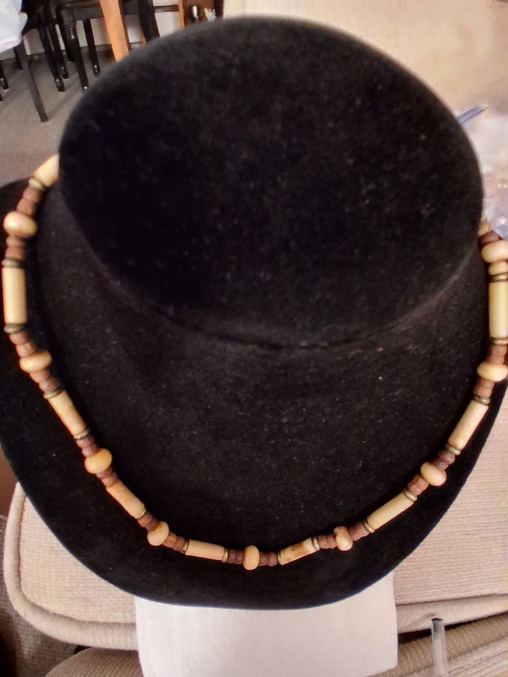 Black Felt Fedora with Wooden Bead Band Sell As It Is